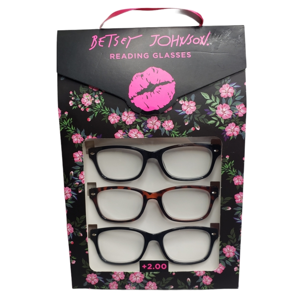 Betsey Johnson +2.00 Reading Glasses Tortoise and Black Set of 3